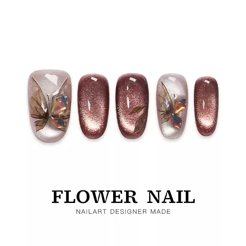 Hua Zhi "Withered Wood Butterfly" Handmade Butterfly Press-on nails, Cat Eye Medium Length, Maillard Aesthetic, 2025 New Style