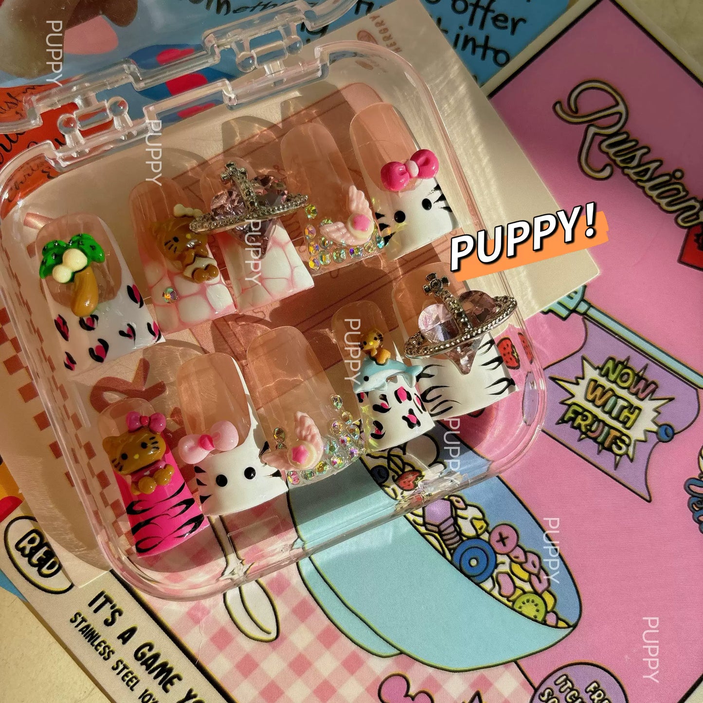 PUPPY Home Leopard Print Hello Kitty Duck-Bill Y2K Hot Girl Press-on Nails, Sweet and Cool European-American Style Cute Nail Art