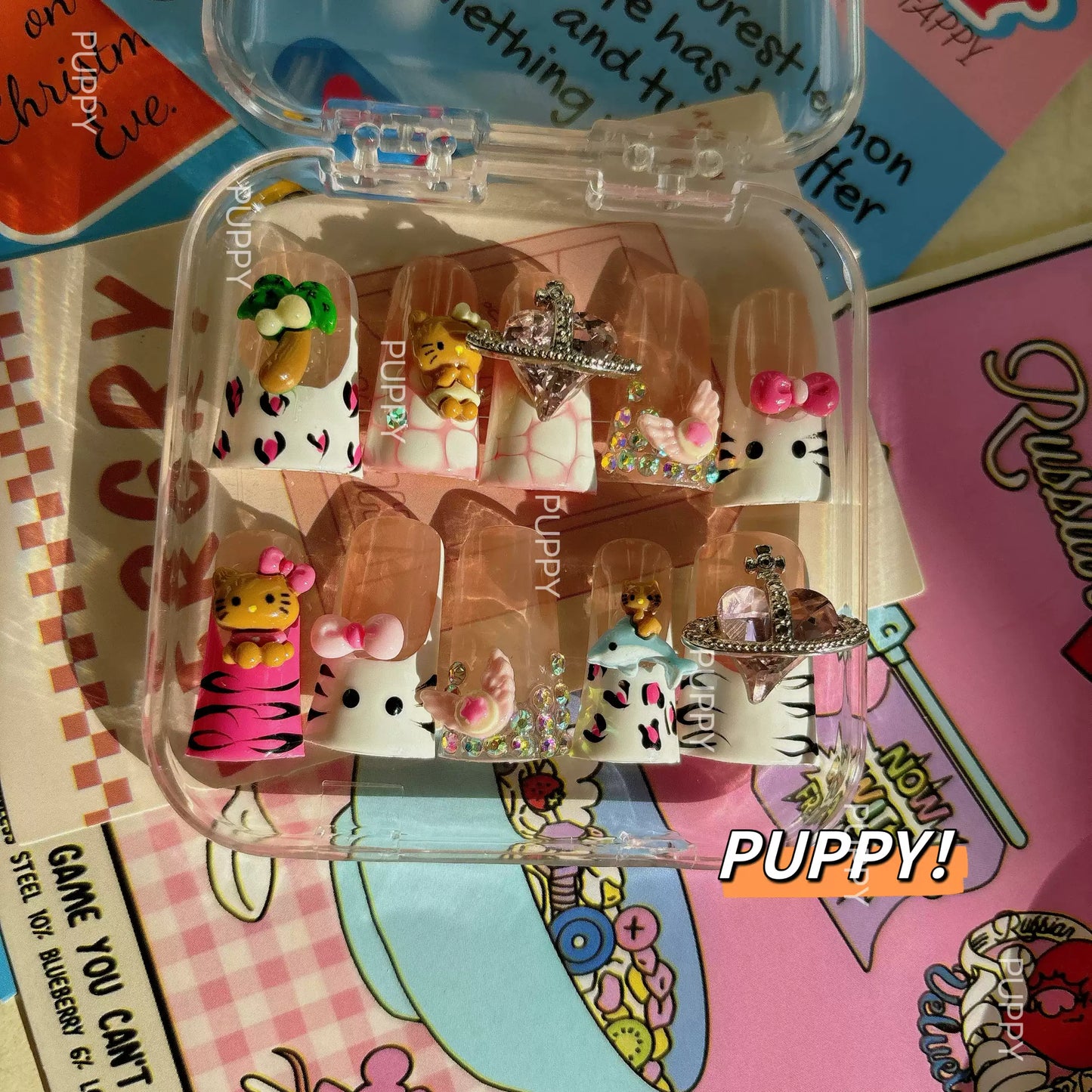 PUPPY Home Leopard Print Hello Kitty Duck-Bill Y2K Hot Girl Press-on Nails, Sweet and Cool European-American Style Cute Nail Art