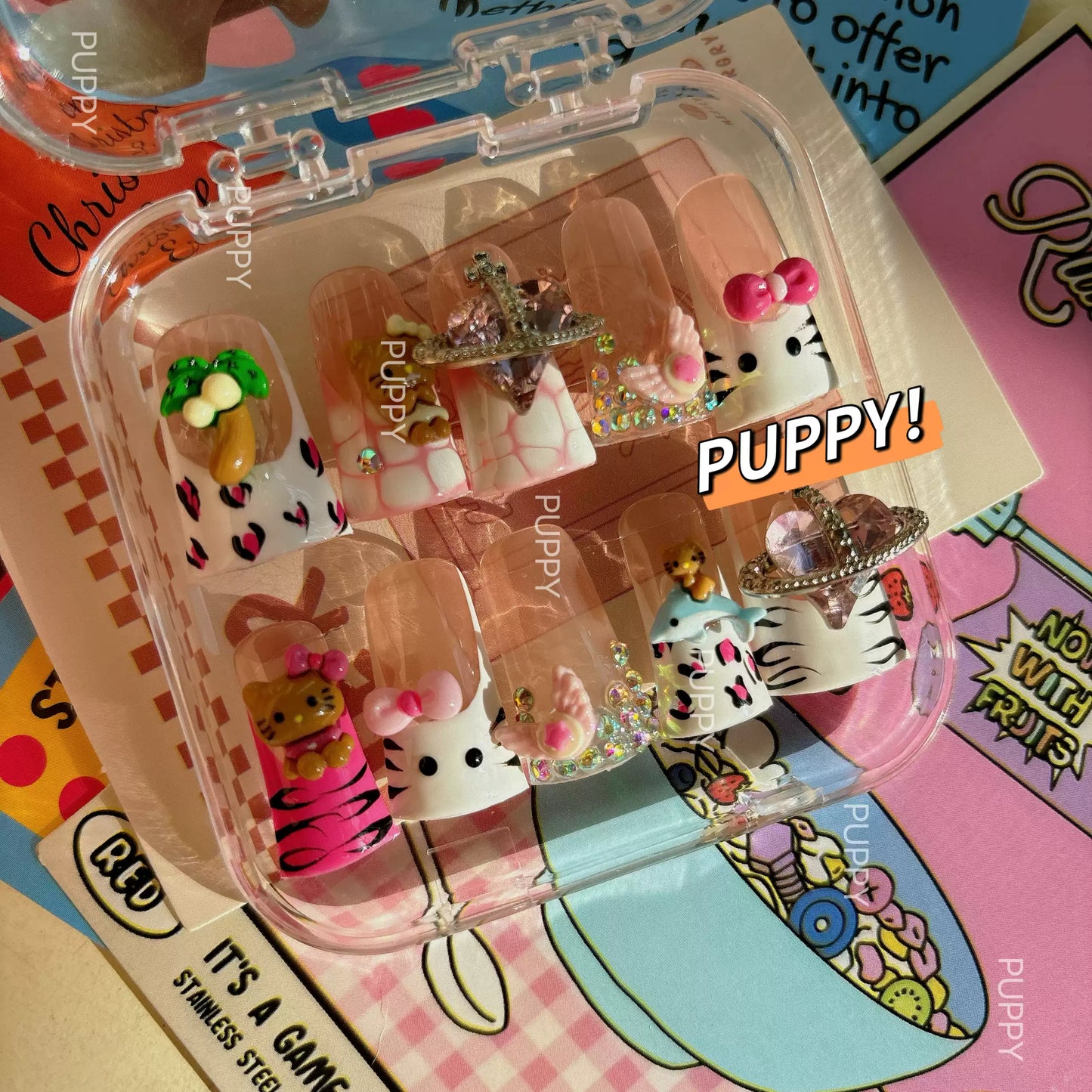 PUPPY Home Leopard Print Hello Kitty Duck-Bill Y2K Hot Girl Press-on Nails, Sweet and Cool European-American Style Cute Nail Art