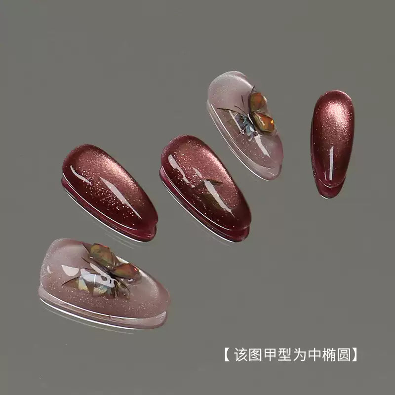Hua Zhi "Withered Wood Butterfly" Handmade Butterfly Press-on nails, Cat Eye Medium Length, Maillard Aesthetic, 2025 New Style