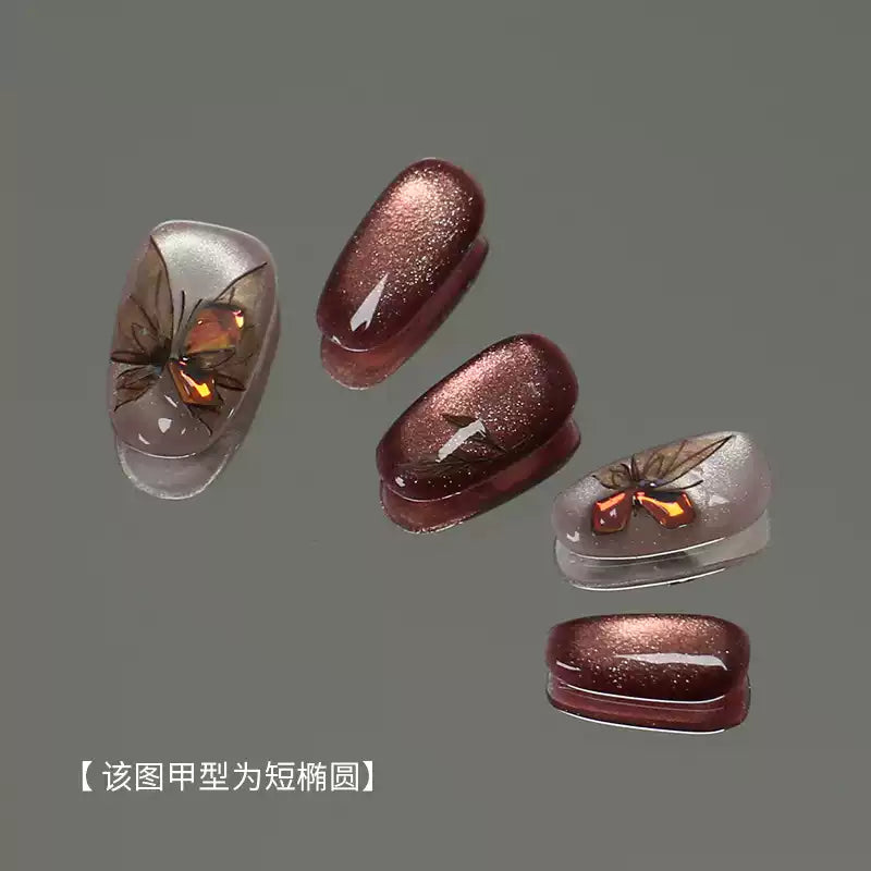 Hua Zhi "Withered Wood Butterfly" Handmade Butterfly Press-on nails, Cat Eye Medium Length, Maillard Aesthetic, 2025 New Style