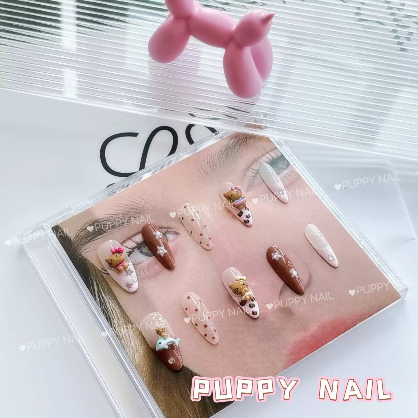 PUPPY Home Black Skin Kitty Sweet and Cool Hot Girl Pink Long Oval Press-on Nails, Y2K Millennium Leopard Print Nail Art