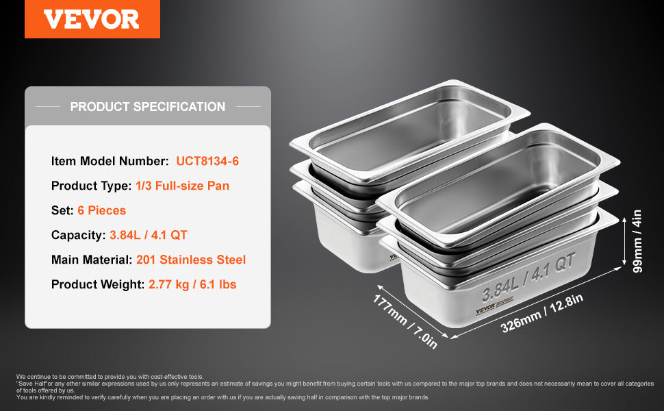 VEVOR 6 Pack Buffet Chafing Dishes 3.8L Gastronorm Pans Steam Table Pans Tray Stainless Steel Food Container for Party BBQ
