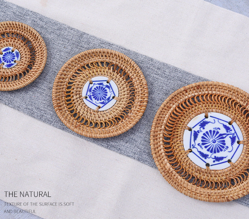 In Stock Vietnam Rattan Coaster Handmade Round Tabletop Tea Coaster Autumn Rattan Dining Table Western Food Mat Heat Insulation Tea Set Accessories