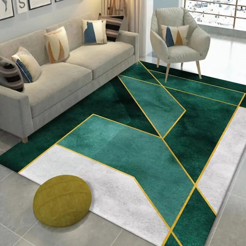 Luxury Modern Geometric Living Room Carpets Home Decoration Golden Green Rugs for Bedroom Washable Fluffy Large Area Mat Bedside