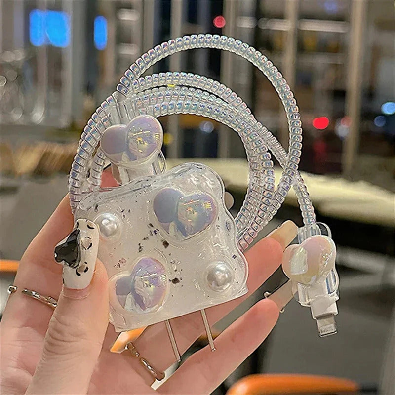 Korean Cute 3D Crystal Star USB Cable Protector Cover For iPhone 18W-20W Data Line Bite Head Cord Flower Fast Charging Case