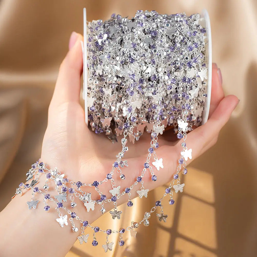 0.5/1M Purple Rhinestone Silver Color Butterfly Copper Chains Necklace Bracelets DIY Jewelry Making Clothing Tassels Accessories