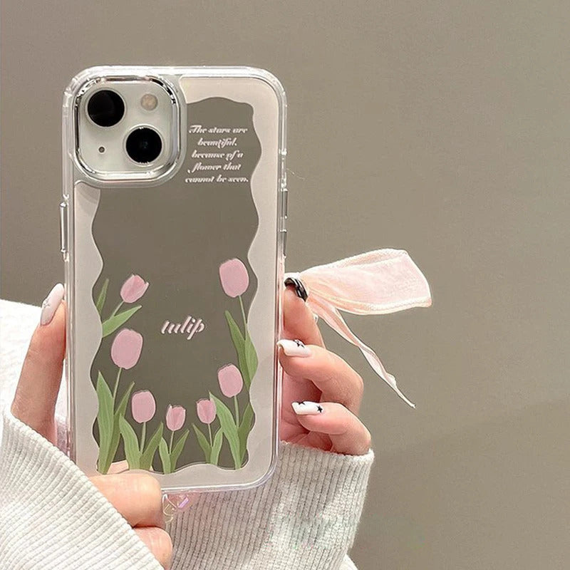 Tulip Flowers Mirror Glass Case For iPhone 11 Pro Max 16 14 13 Pro 12 15 XR XS Max X Case Square Floral Leaf Lette Pattern Cover