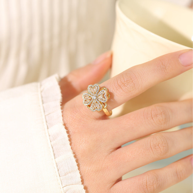 Ring for Women Micro Paved Rotating Zircon Temperament Cold Style Fashion Full Diamond Round Geometric Versatile Fashion Ring Jewelry