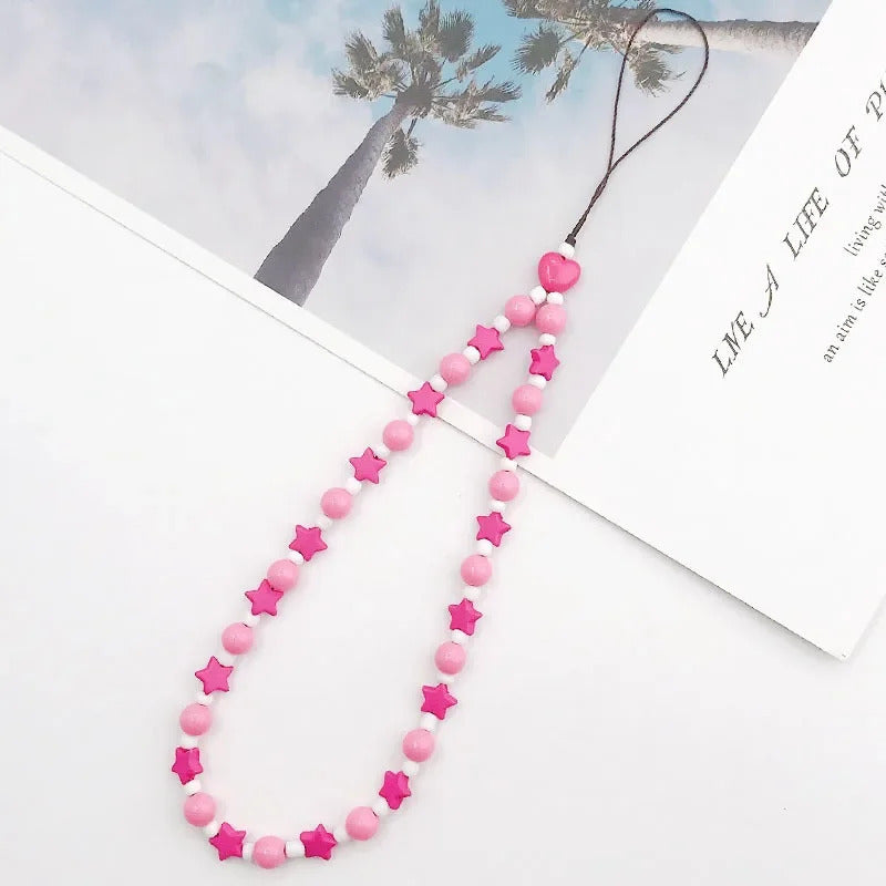 Fashion Charm Pearl Clay Beaded Mobile Phone Chain Acrylic Cartoon Phone Jewelry Women Girls Anti Lost Telephone Lanyard Hanging