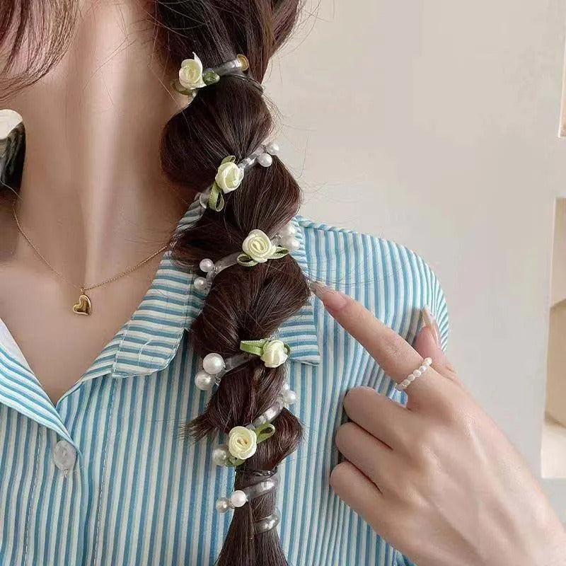 New Rose Flower Telephone Phone Line Hair Rope for Women Girls Elastic Pearl Ponytail Hair Loop Headwear Hair Accessories