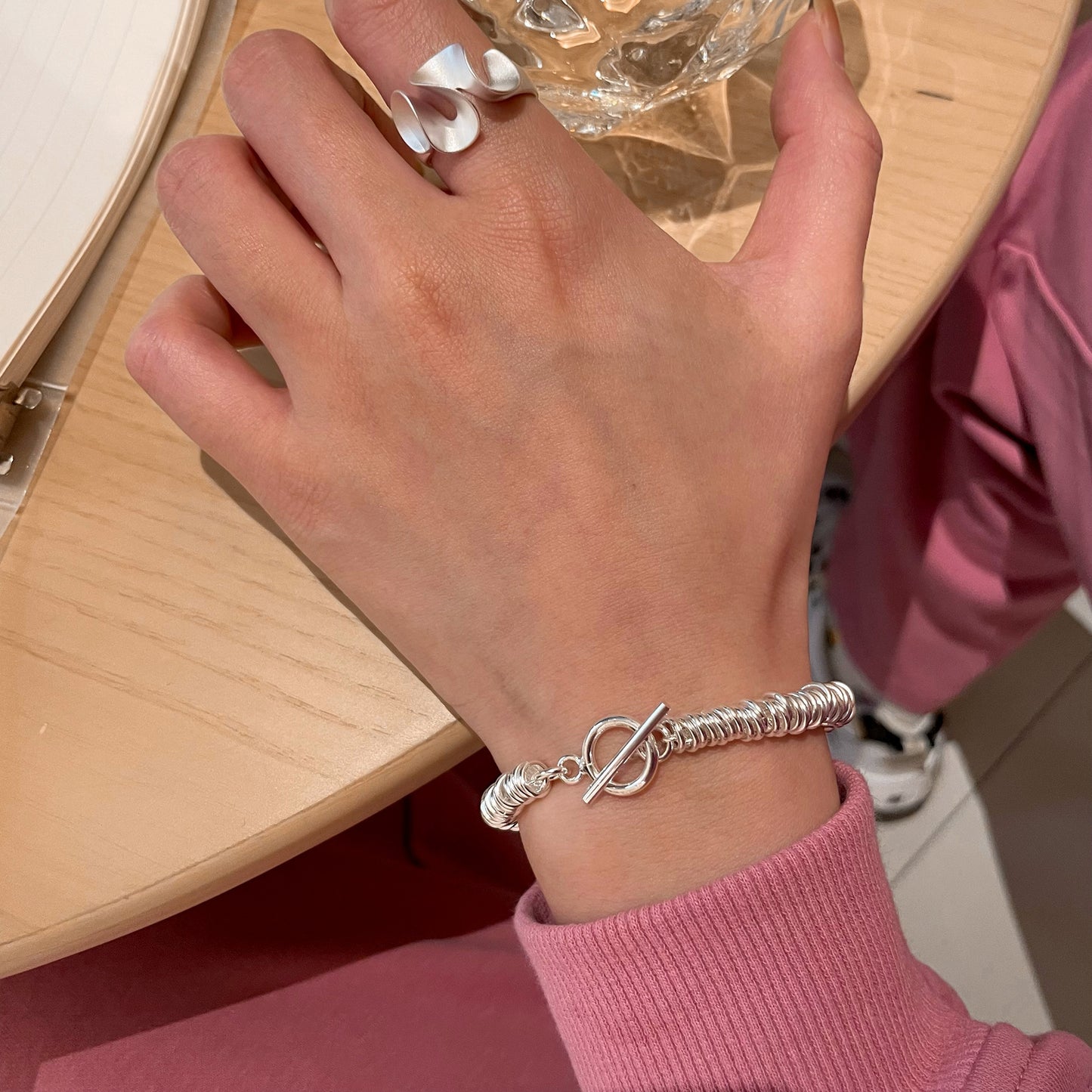 S925 Sterling Silver Heavy Craft Plain Silver Large Circle Bracelet Fashionable Elegant Personality OT Buckle Thick Chain Bracelet
