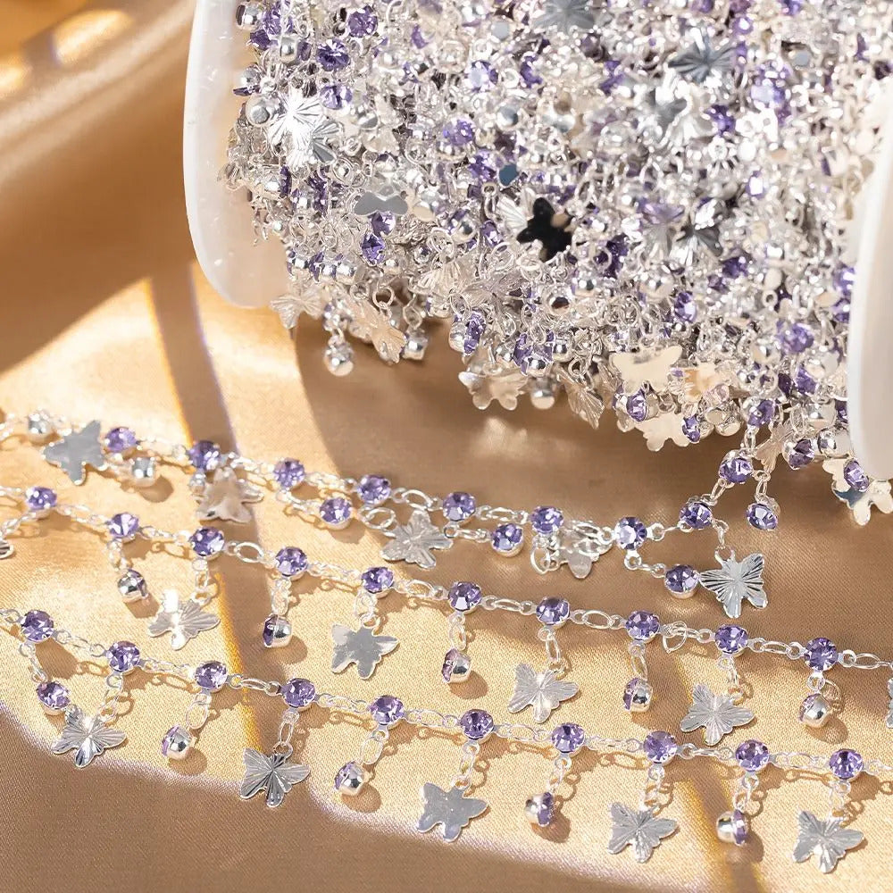 0.5/1M Purple Rhinestone Silver Color Butterfly Copper Chains Necklace Bracelets DIY Jewelry Making Clothing Tassels Accessories