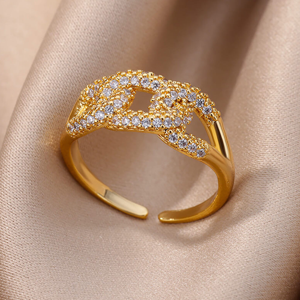 Hot Selling 18K Gold-Plated Full Diamond Titanium Steel Colorfast Open Ring Female Zircon Leaf Ring Female High Sense