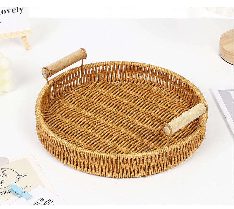 Fruit Plate Hand-Woven Japanese Bread Basket Steamed Bun Basket Living Room Household Storage Basket Rattan Double Ear Tray