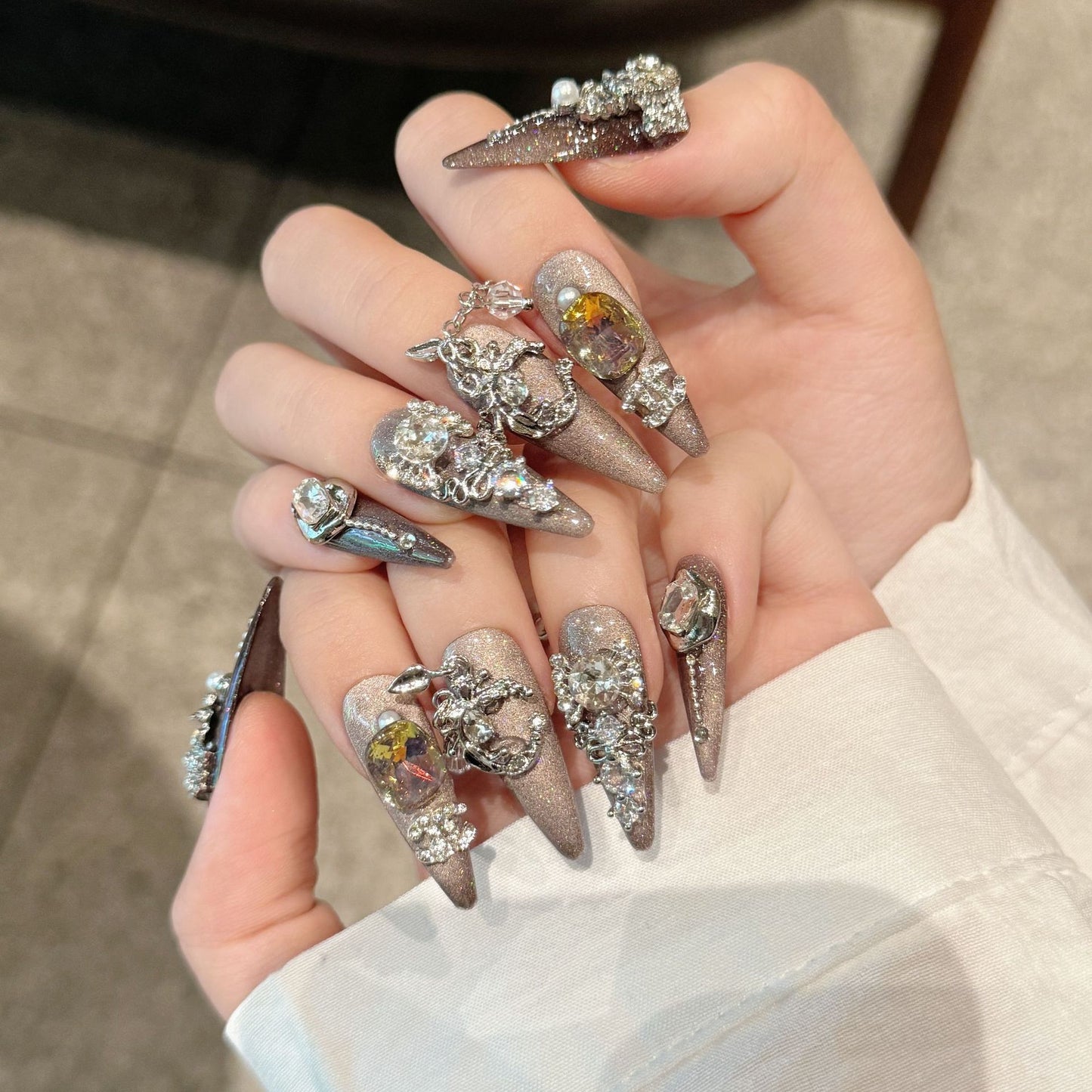 Rikaman Starry Sky Magic Mirror Cat Eye Handmade Wearable Nails Heavy Craft Dongzhou Diamond Full Hand Full Zircon Luxurious Handmade Beauty