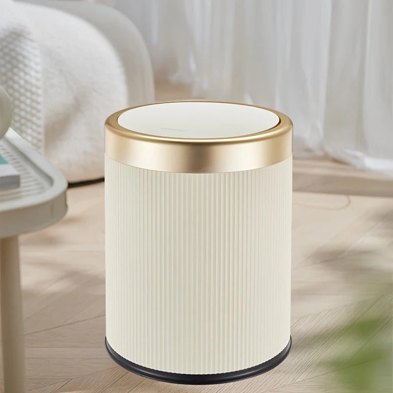 1 fashionable circular top garbage bin with gold edge - durable, stylish storage essential household garbage basket