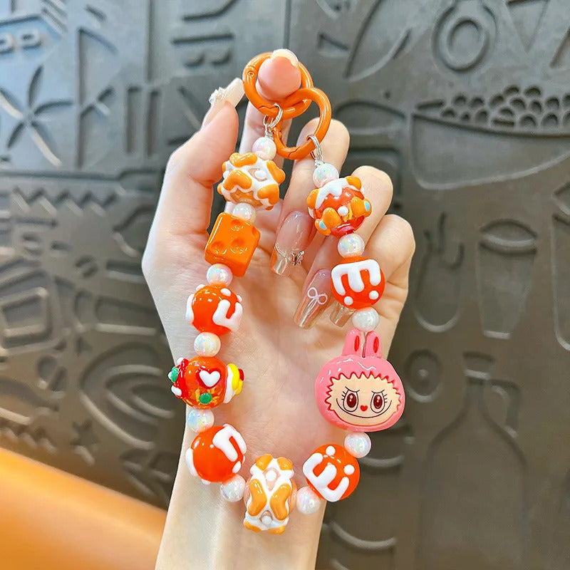New Labubu wool ball bead Phone Chain Girls Kawaii Cartoon Backpack Pendant Cute Keychain Lanyard Bag Charm Mobile Case Gift