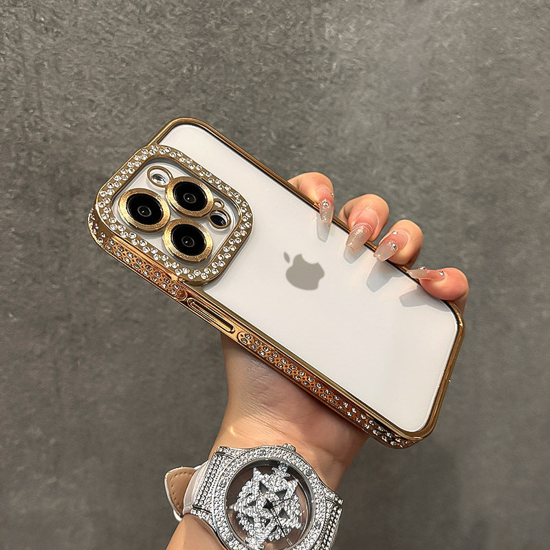Double Row Diamond Compatible with iPhone 15 Pro Max Phone Case Electroplated Diamond Inlaid Transparent Soft Case Apple 16 Full Coverage Anti-drop