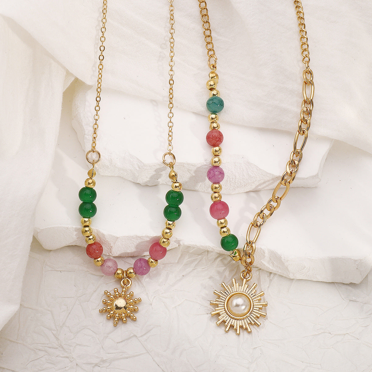 N12095 New Chinese Retro Sun Inlaid Pearl Necklace Ins Style High Sense Micro Glass Bead Twin Clavicle Chain