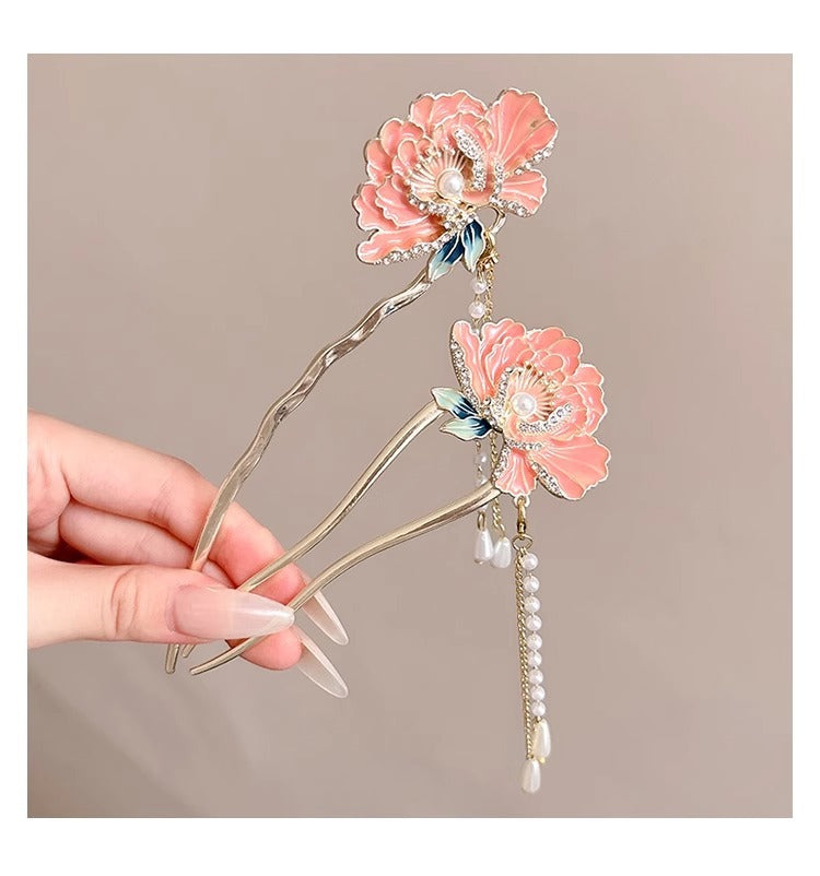 National Style Peony Flower Hairpin for Women 2025 New Super Fairy Step Shake Tassel Hair U-shaped Hairpin Cheongsam Hanfu Hairpin