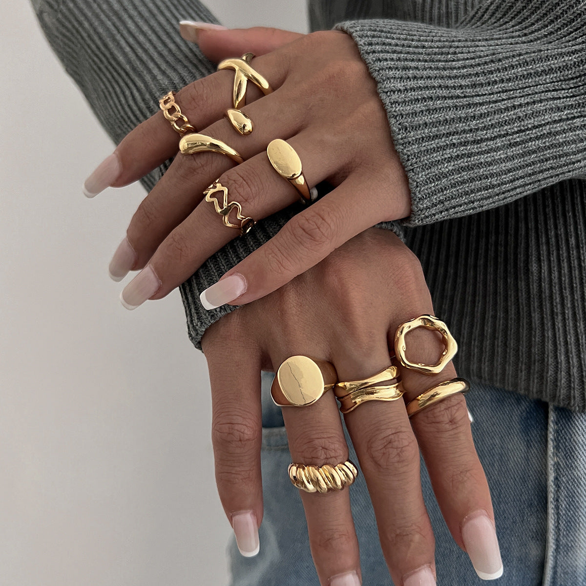 Hand Jewelry Personality Smooth Irregular Geometric Joint Ring Hip Hop Style Women's Ring Set
