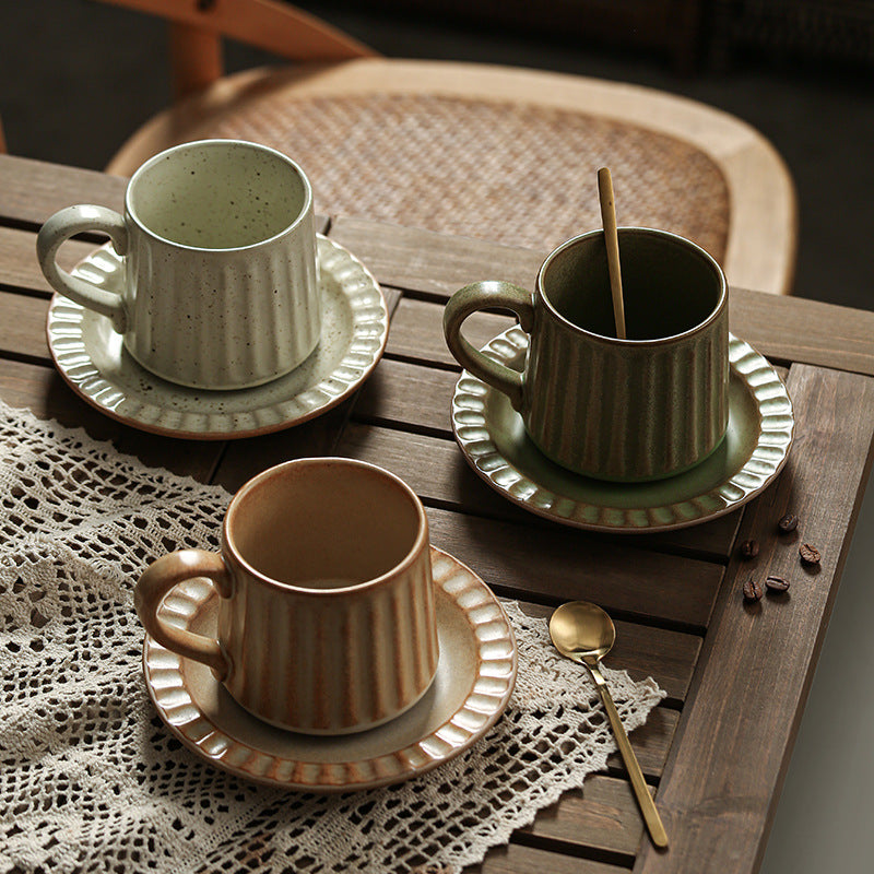 Japanese Retro Exquisite Afternoon Tea Latte Art Striped Coffee Cup and Saucer Ceramic Set Office Milk Breakfast Cup