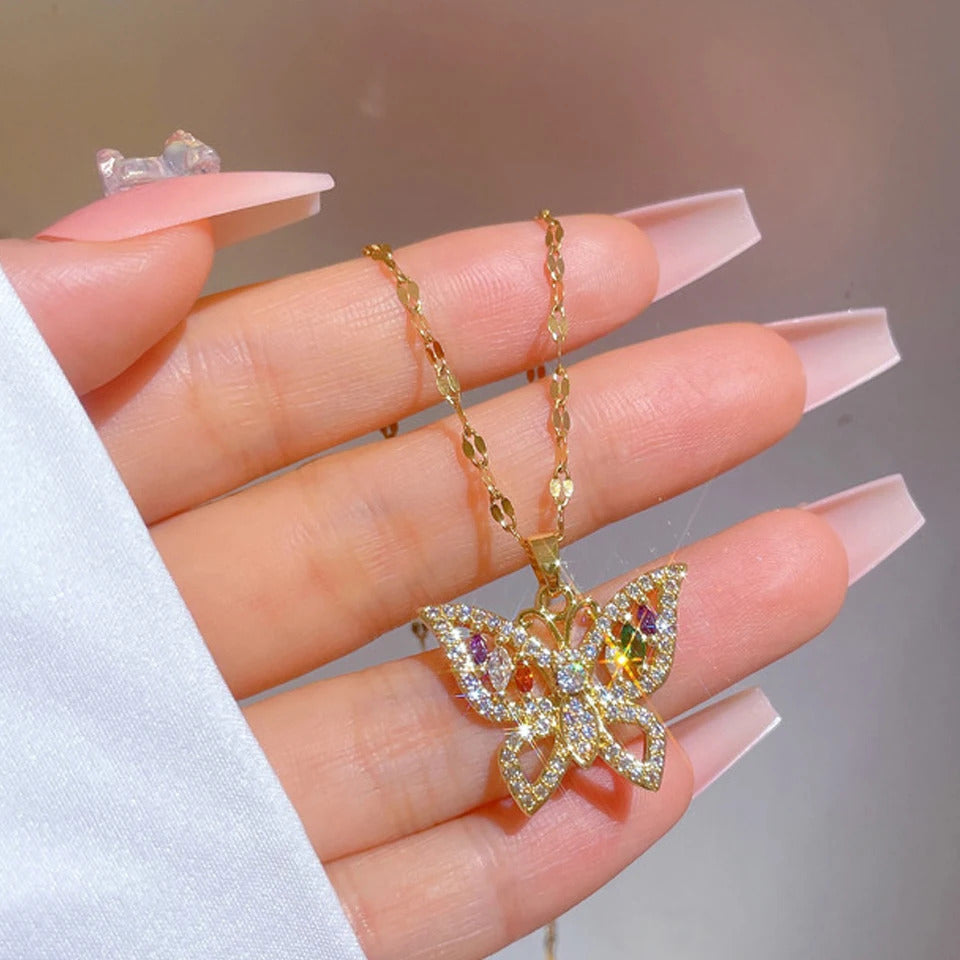 ZAKOL Classic Gold Color Stainless Steel Necklace For Women Shiny Zircon Geometric Heart Pendant Necklaces Jewelry Gift
