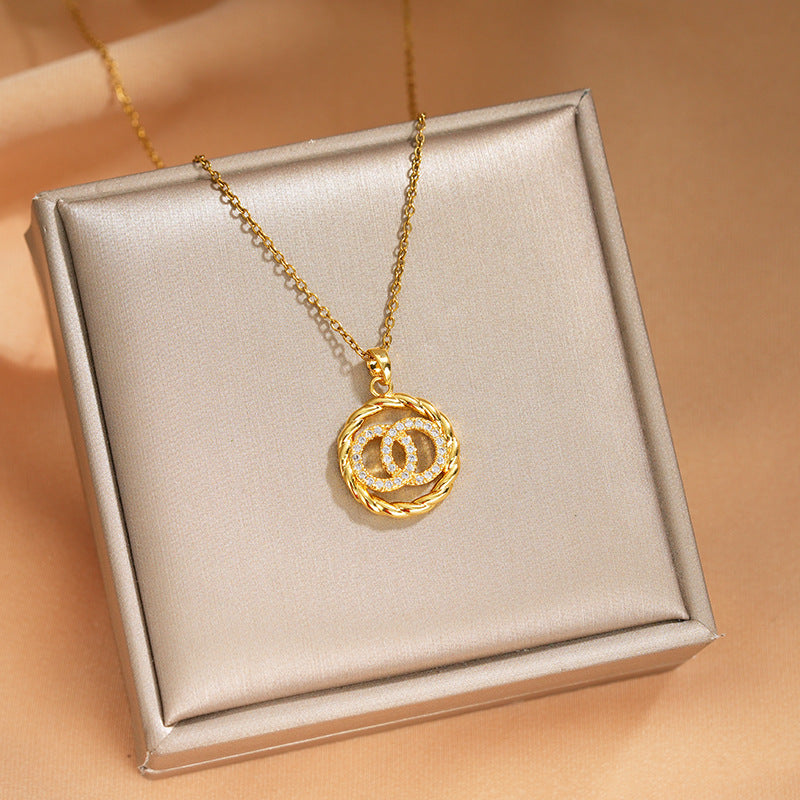 Elegant Inlaid Zircon Exquisite Titanium Steel Necklace for Women Fashionable Versatile Internet Celebrity Collarbone Chain Niche Light Luxury Jewelry