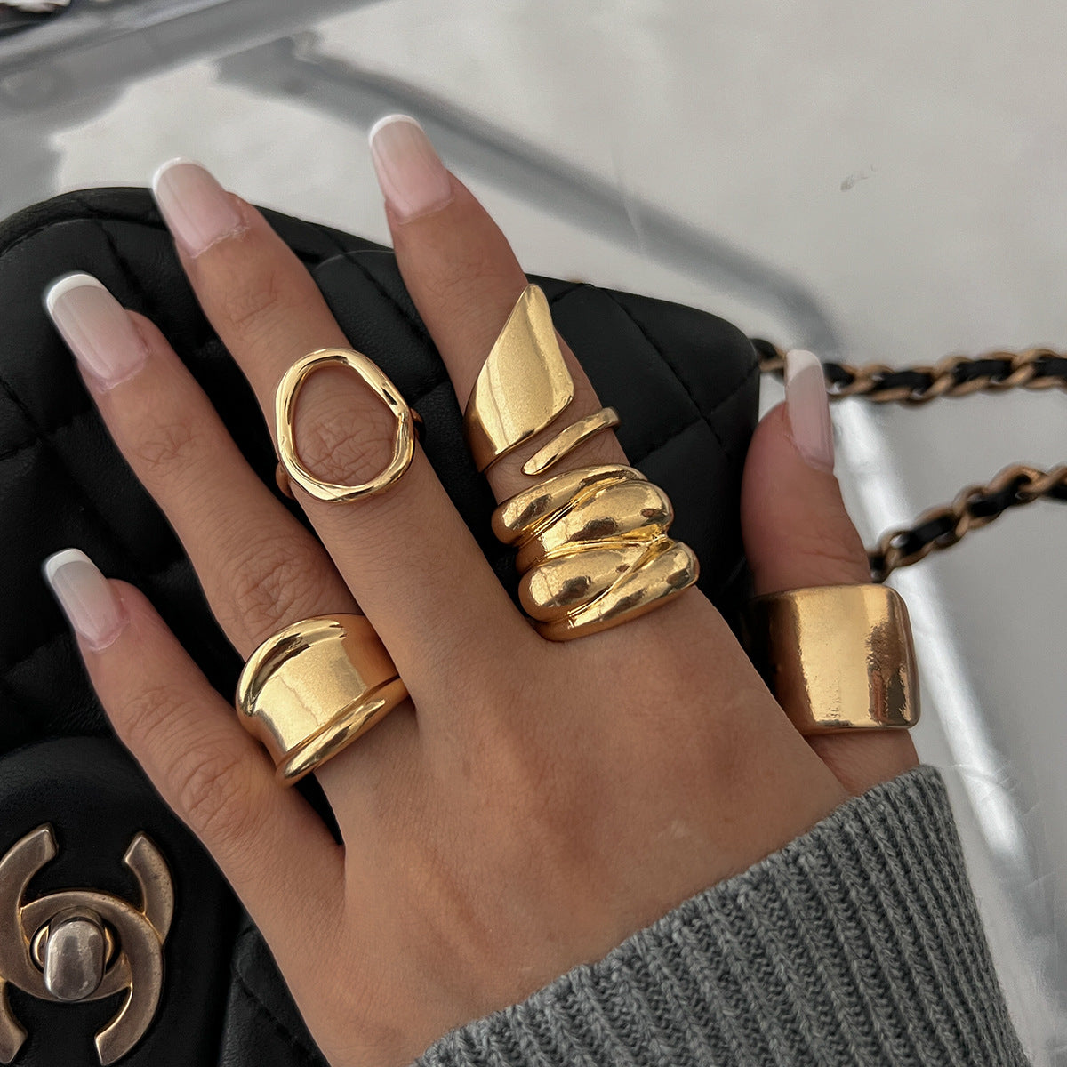 Hand Jewelry Personality Smooth Irregular Geometric Joint Ring Hip Hop Style Women's Ring Set