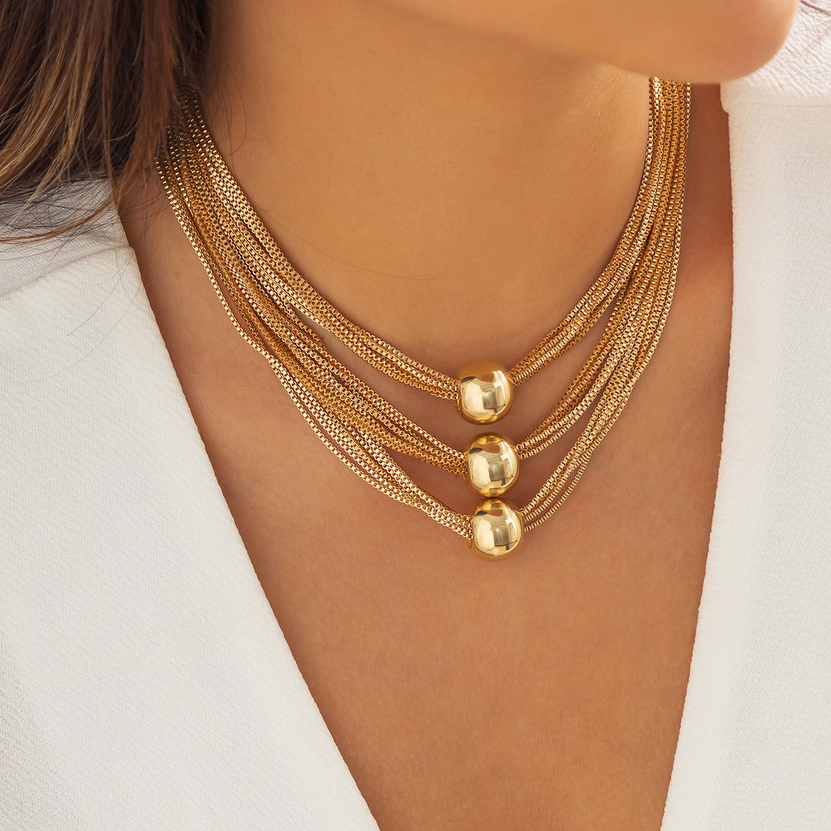Cross-Border Exaggerated Punk Multi-Layer Chain Stacked Necklace Simple Niche Geometric Ball Personality Choker Necklace