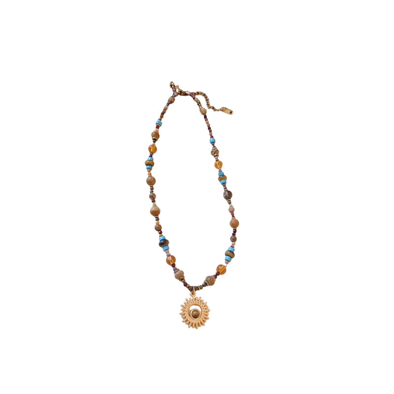 Titanium Steel Natural Stone Rice Bead Sun Necklace Retro Ethnic Style Niche Clavicle Chain Light Luxury High-end Fashion Jewelry