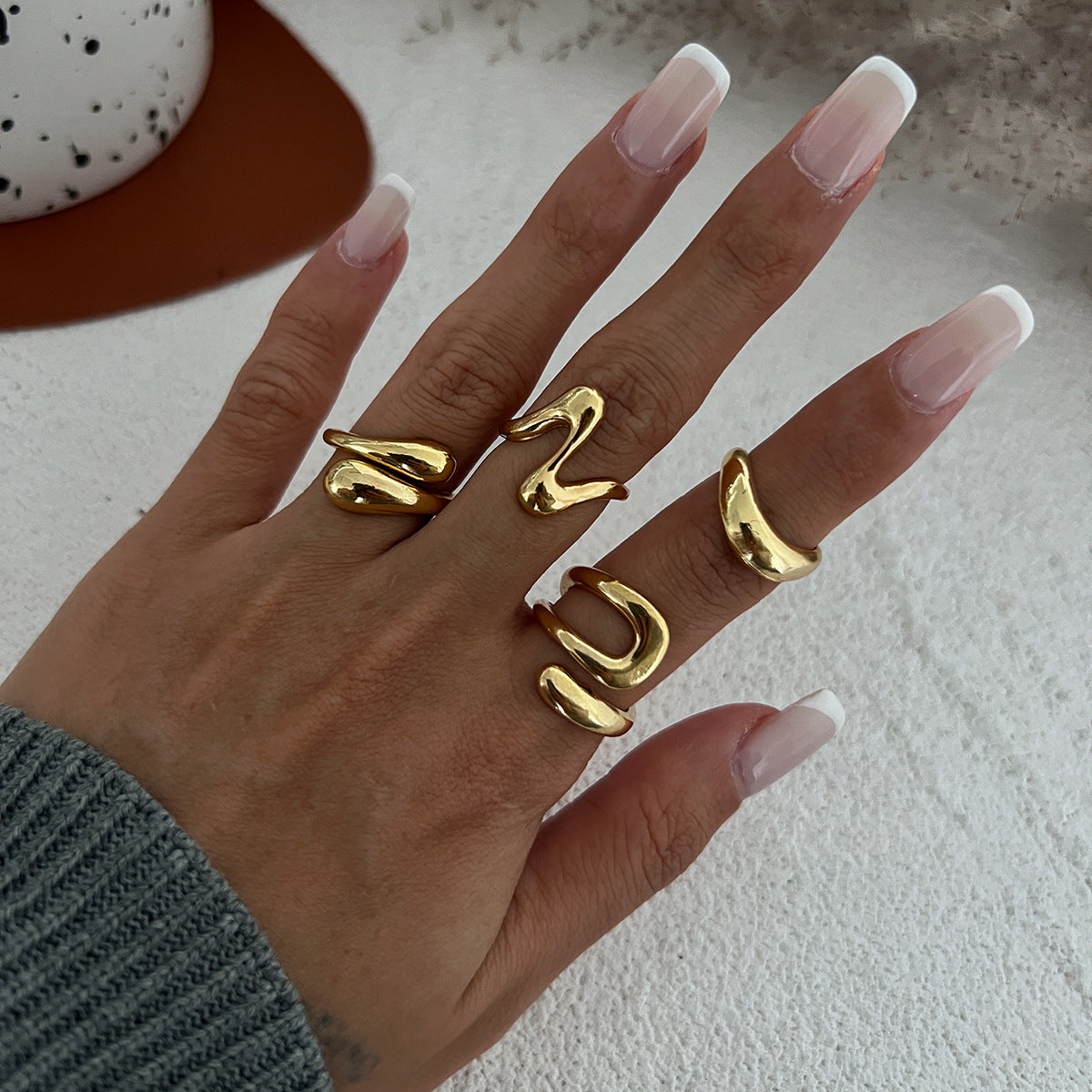 Hand Jewelry Personality Smooth Irregular Geometric Joint Ring Hip Hop Style Women's Ring Set