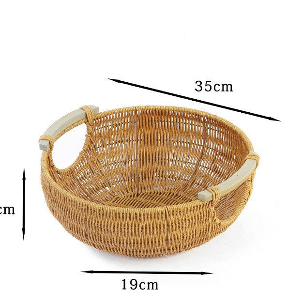 Fruit Plate Hand-Woven Japanese Bread Basket Steamed Bun Basket Living Room Household Storage Basket Rattan Double Ear Tray