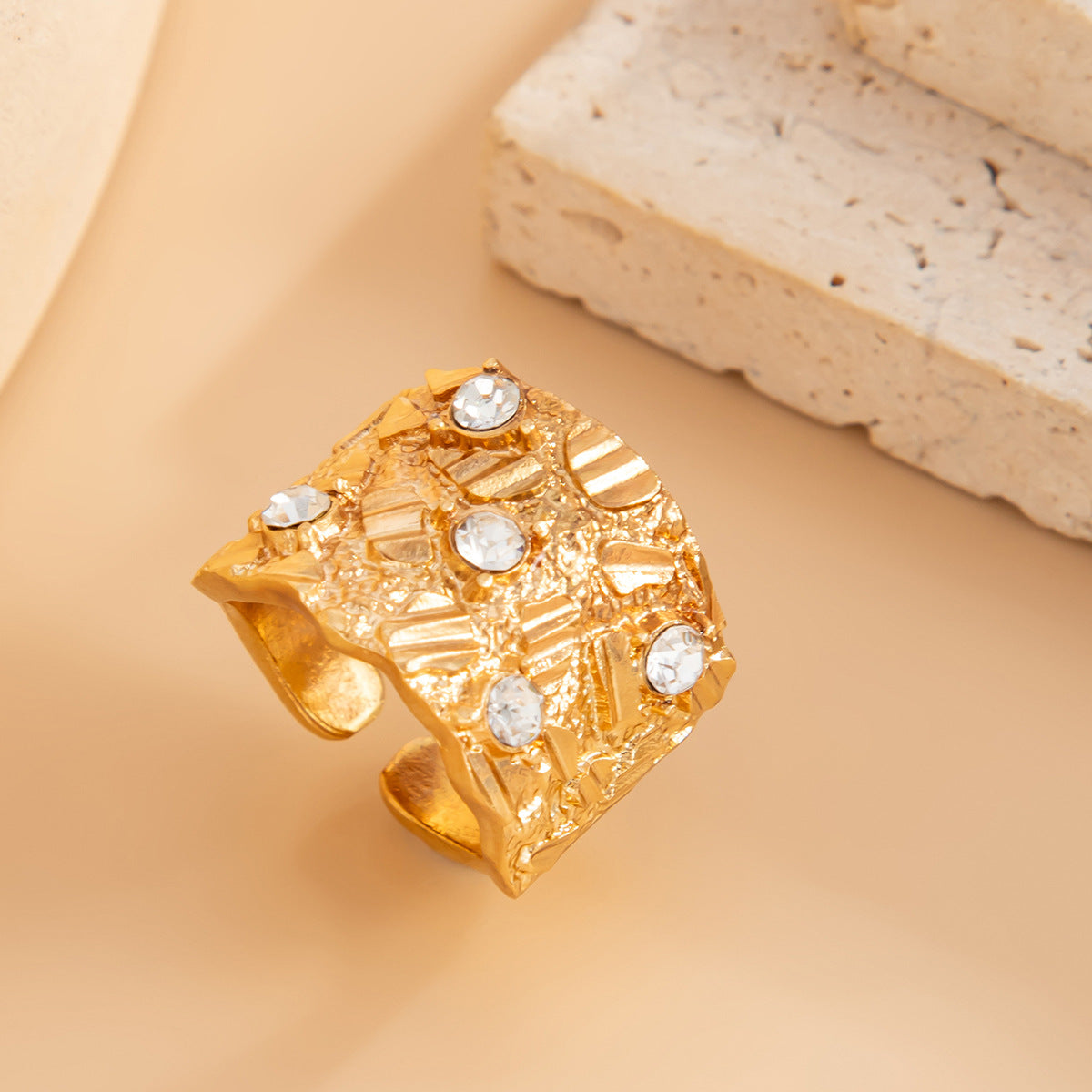 Fashionable Hollow Inlaid Irregular Ring Vintage Alloy Wrinkled Ring Set