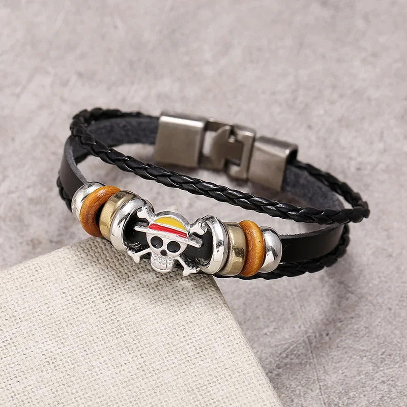 1Pc One Piece Luffy Pirate Bracelet Japan Cartoon Action Figure Toys Punk Black Leather Braided Punk Rock Bangles Bracelet Gifts