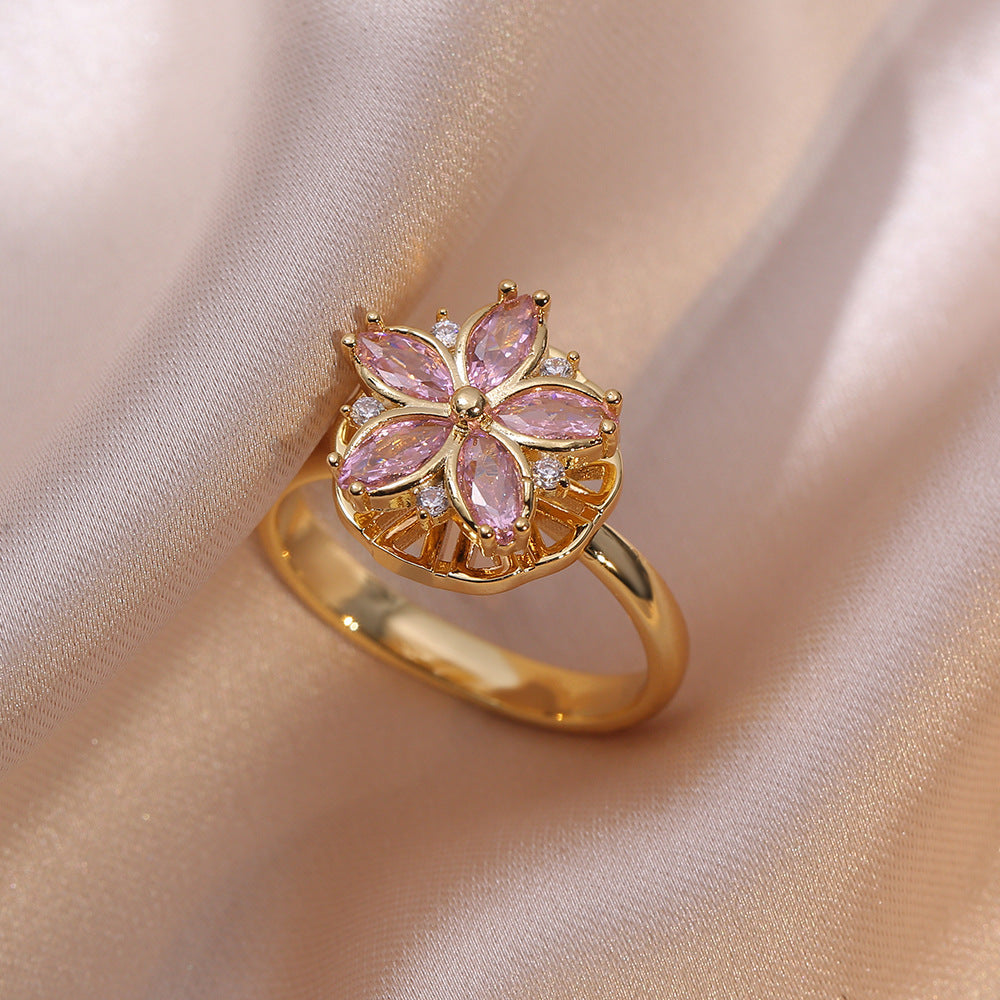 Rotating Ring for Women with Micro Paved Zircon, Elegant and Minimalist Style, Versatile Full Diamond Round Clover Ring Jewelry