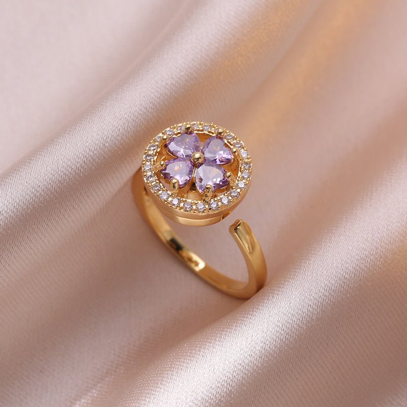 Rotating Ring for Women with Micro Paved Zircon, Elegant and Minimalist Style, Versatile Full Diamond Round Clover Ring Jewelry
