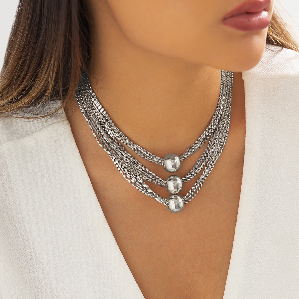Cross-Border Exaggerated Punk Multi-Layer Chain Stacked Necklace Simple Niche Geometric Ball Personality Choker Necklace