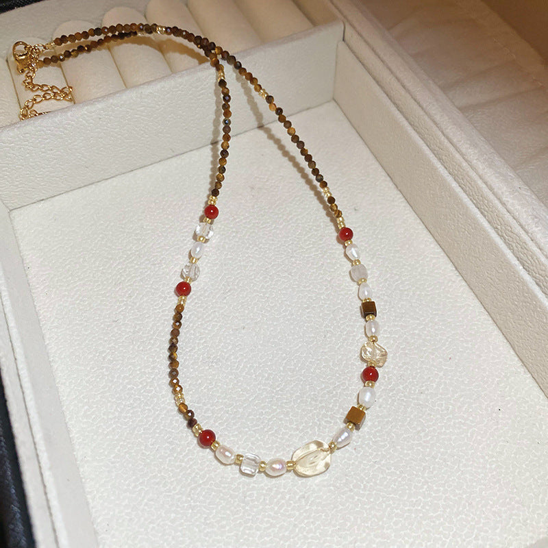 Titanium Steel Natural Stone Rice Bead Sun Necklace Retro Ethnic Style Niche Clavicle Chain Light Luxury High-end Fashion Jewelry