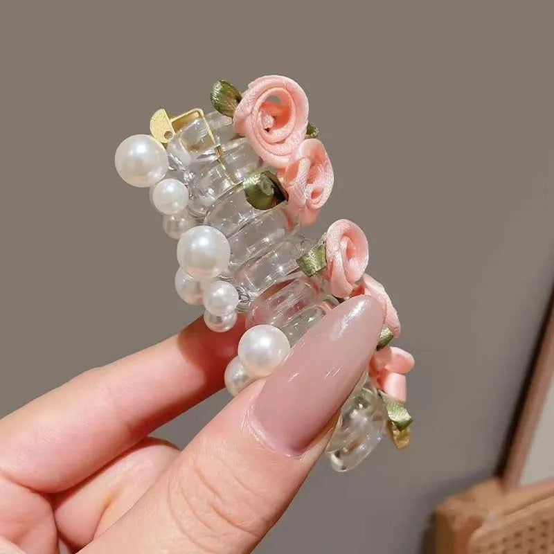 New Rose Flower Telephone Phone Line Hair Rope for Women Girls Elastic Pearl Ponytail Hair Loop Headwear Hair Accessories