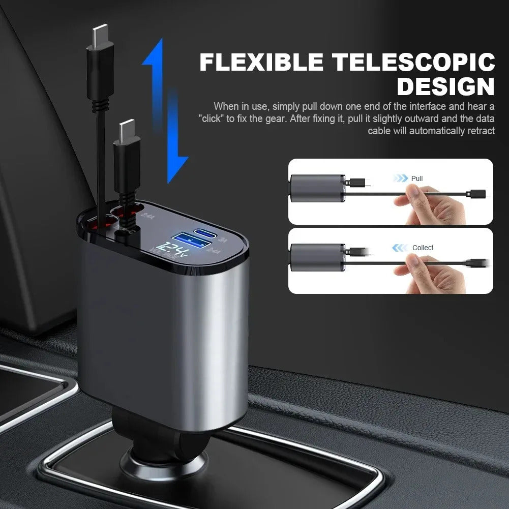 120W Car Charger 4 in 1 Retractable Fast Charging Car Phone Charger Cigarette Lighter Adapter USB C Cable for iPhone Xiaomi Poco