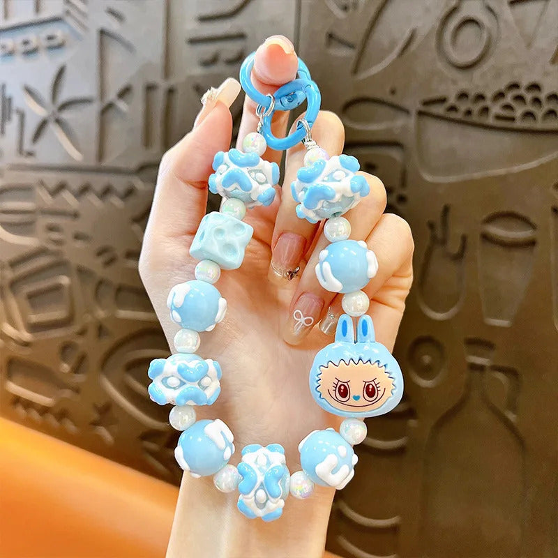 New Labubu wool ball bead Phone Chain Girls Kawaii Cartoon Backpack Pendant Cute Keychain Lanyard Bag Charm Mobile Case Gift
