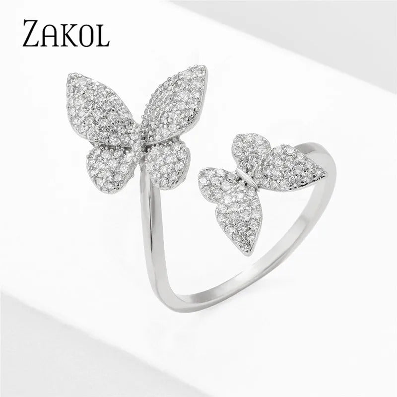 ZAKOL Exquisite Micro Inlay Zircon Butterfly Open Rings for Women Fashion Wedding Party Jewelry
