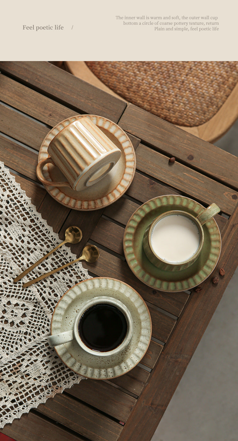Japanese Retro Exquisite Afternoon Tea Latte Art Striped Coffee Cup and Saucer Ceramic Set Office Milk Breakfast Cup