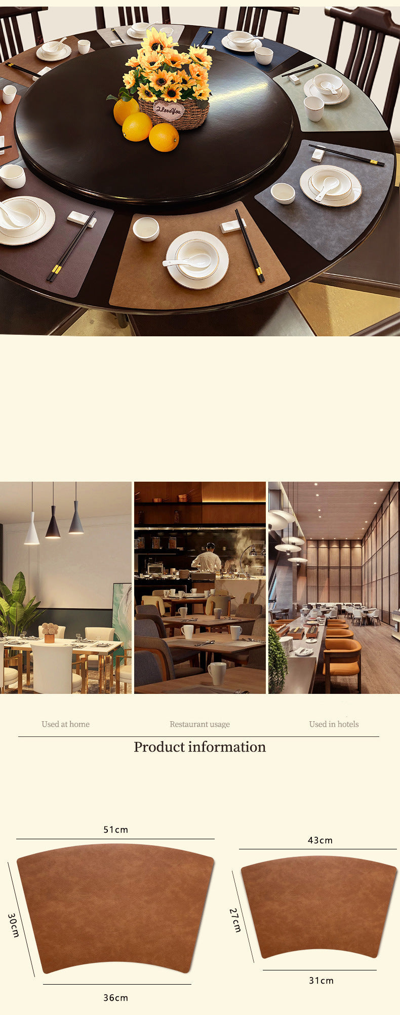 Chinese Style Household Leather Placemat Hotel Restaurant Fan-shaped Western Placemat European Cowhide Pattern Heat-resistant Dining Table Mat