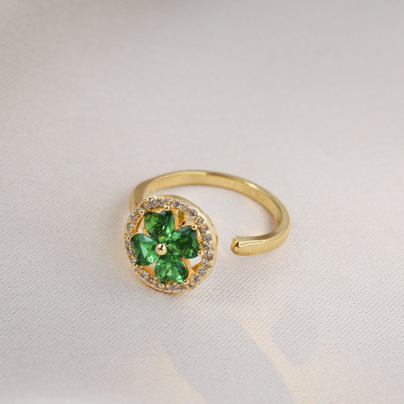 Rotating Ring for Women with Micro Paved Zircon, Elegant and Minimalist Style, Versatile Full Diamond Round Clover Ring Jewelry