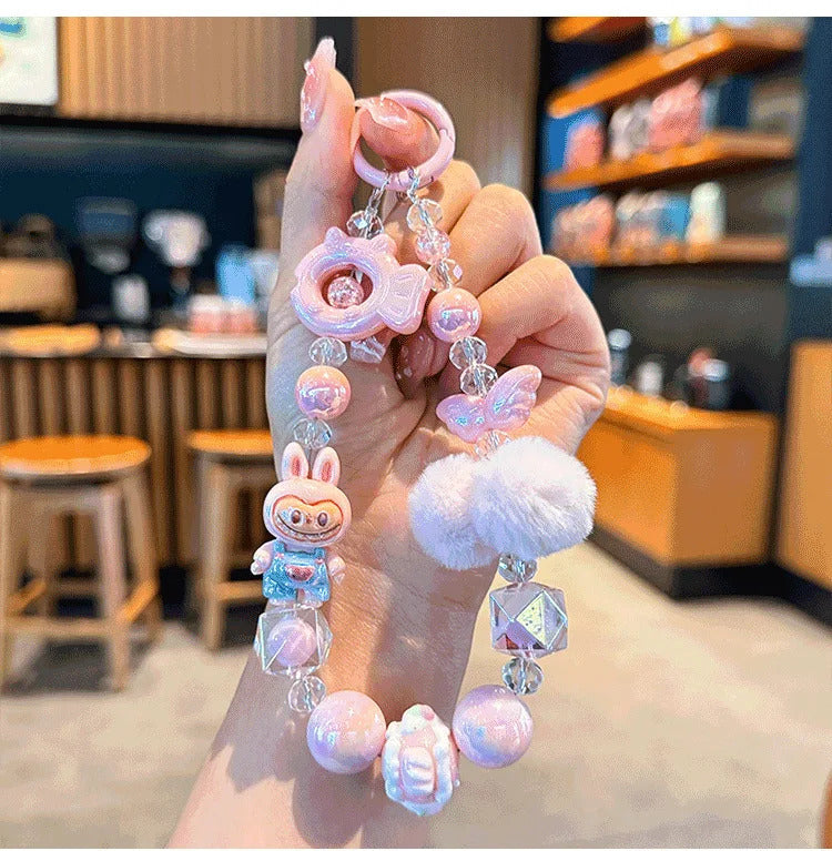 New Labubu wool ball bead Phone Chain Girls Kawaii Cartoon Backpack Pendant Cute Keychain Lanyard Bag Charm Mobile Case Gift