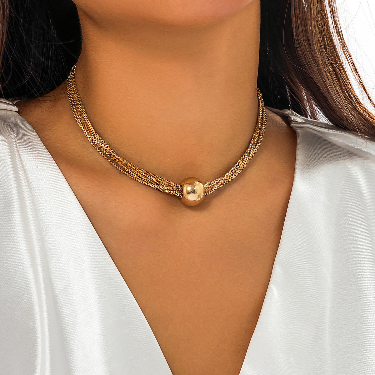 Cross-Border Exaggerated Punk Multi-Layer Chain Stacked Necklace Simple Niche Geometric Ball Personality Choker Necklace